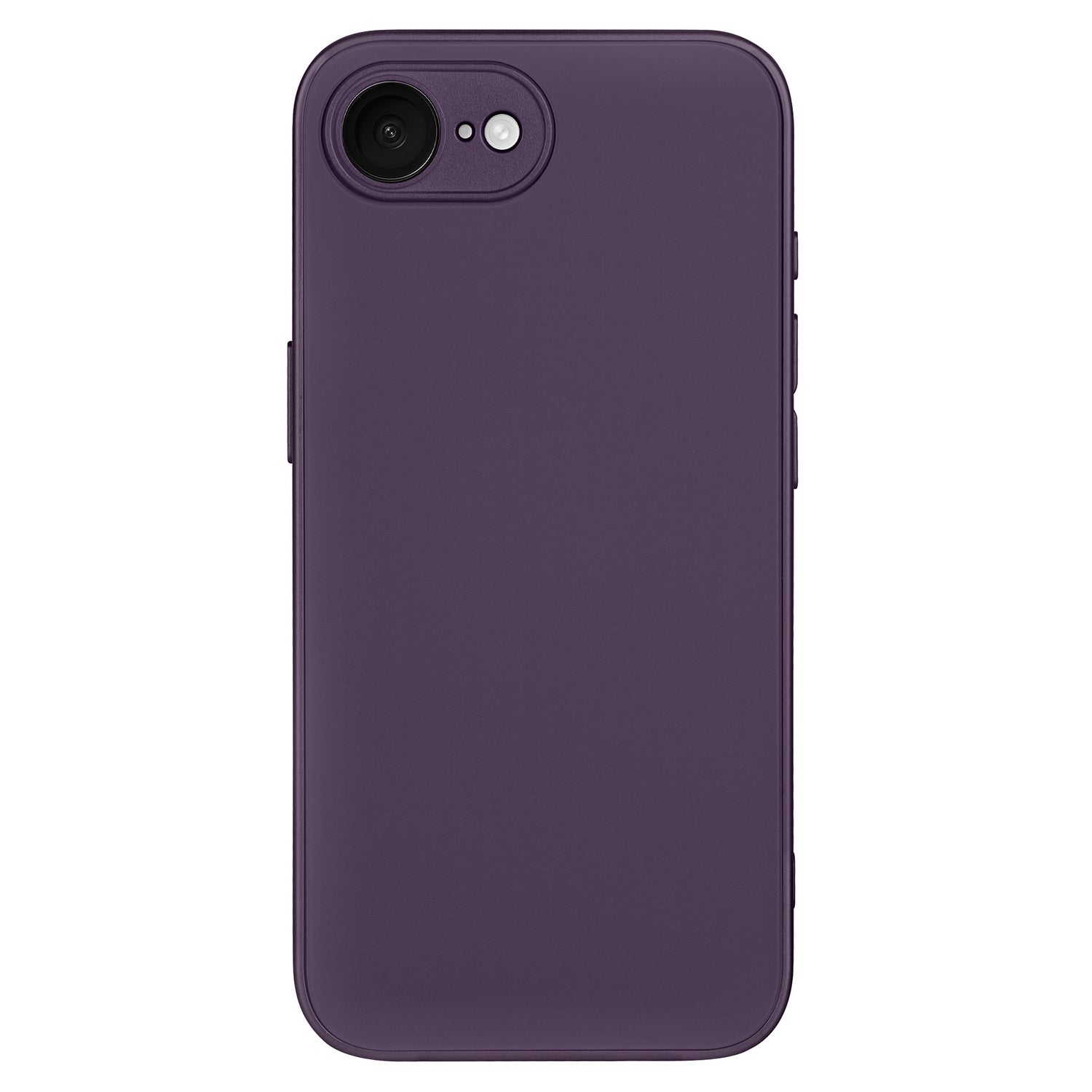 Ein iPhone verfügt über das arktis iPhone 16e Tech Case von arktis in Dunkelviolett. Die matte, stoßdämpfende TPU-Silikonhülle schützt Rückseite und Seiten und hält Kamera und Blitz in der oberen linken Ecke frei.