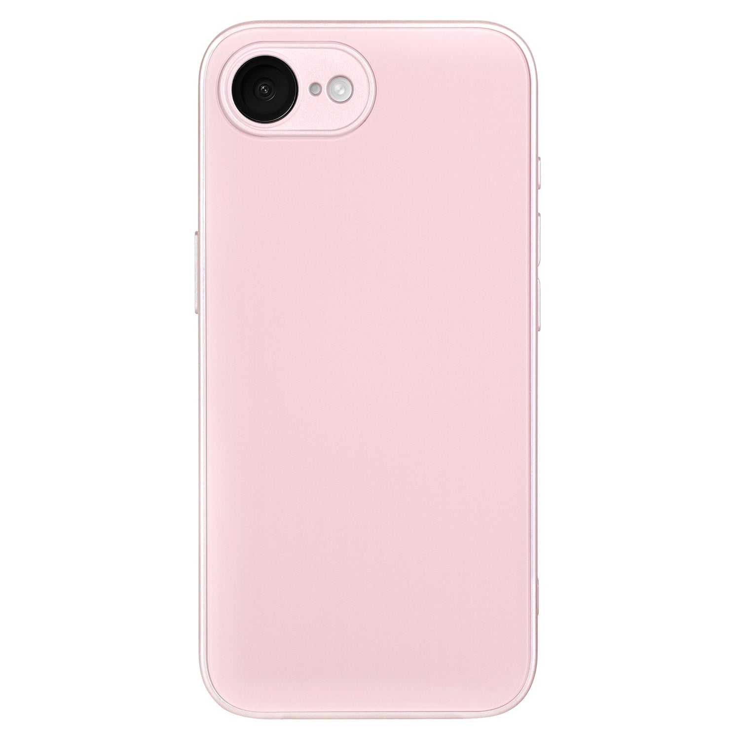 Ein Smartphone mit einem hellrosa Arktis iPhone 16e Tech Case aus stoßdämpfendem TPU-Silikon ist von hinten zu sehen. Es verfügt über eine einzelne Rückkamera und einen Blitz oben links. Das Case weist weder ein sichtbares Branding noch ein Design auf.