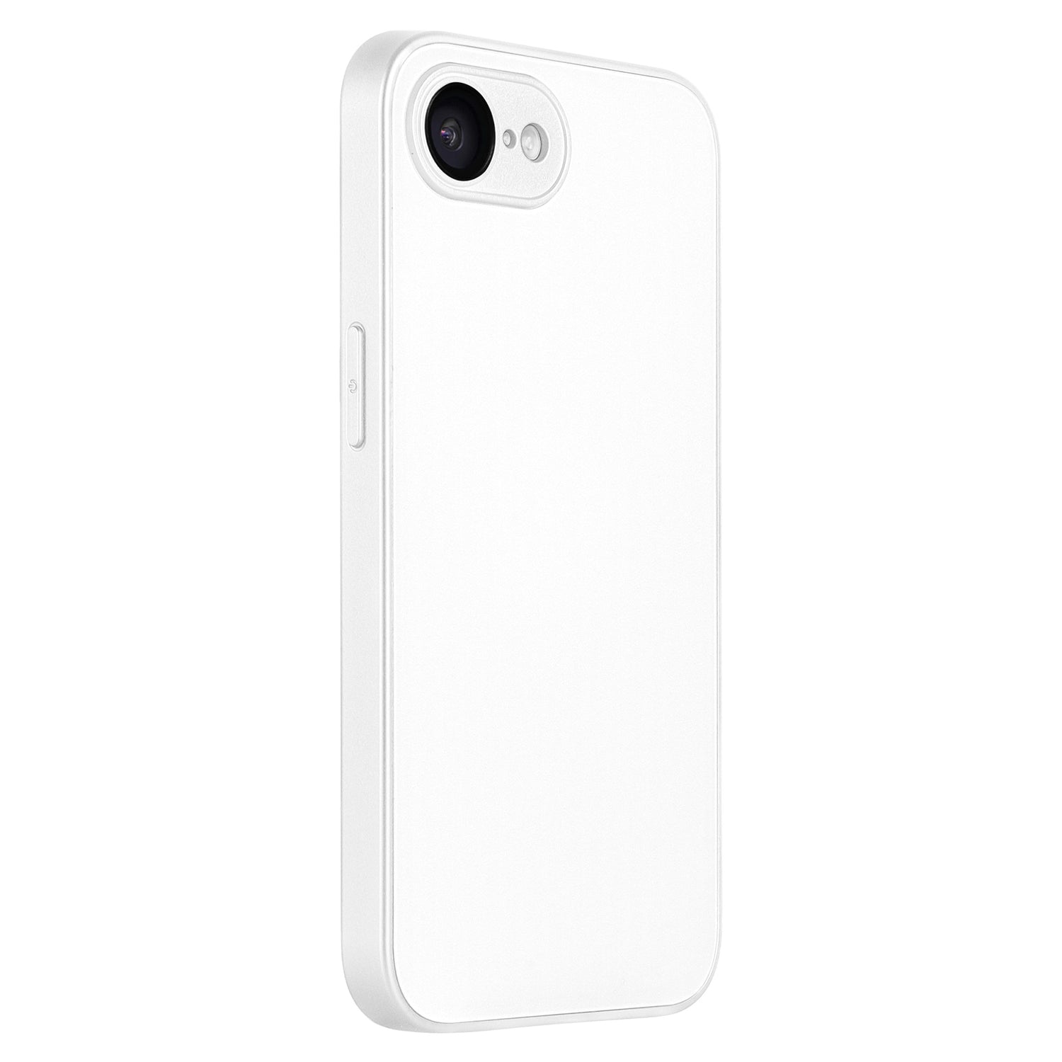 The arktis iPhone 16e Tech Case, shown upright at a slight angle on a plain white background, reveals its blank white design, rear camera protection, and side button on a smartphone.