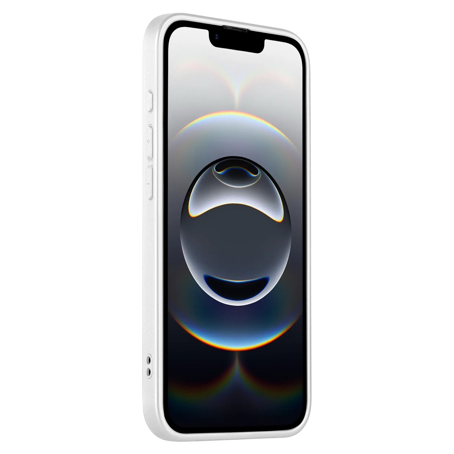 An angled side view of a white smartphone in the arktis iPhone 16e Tech Case with rounded edges. The display shows a dark abstract sphere with highlights, and the side buttons, speaker openings, and camera protection are visible.