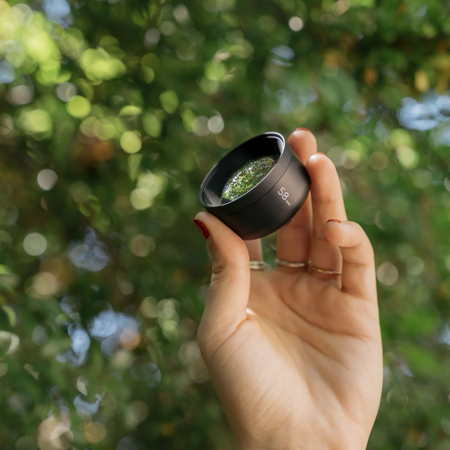 Eine Hand mit roten Nägeln hält das MOMENT 58-mm-Teleobjektiv der T-Serie vor einem unscharfen, grünen Hintergrund mit Blättern.
