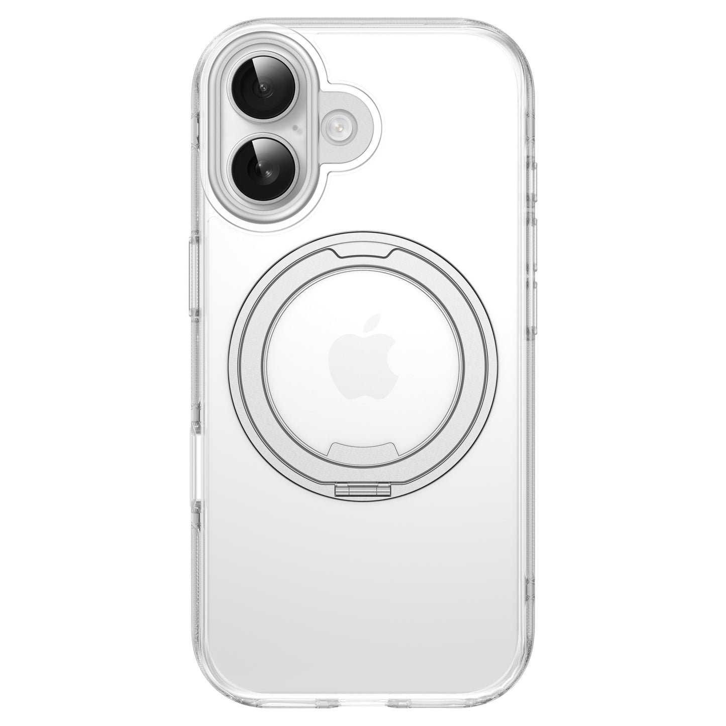 Die arktis iPhone 17 GripCase - transparente Hülle von arktis mit MagSafe-kompatiblem 360°-Ring und Ausschnitt für Dual-Kamera, passend für ein weißes iPhone.