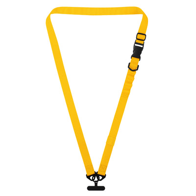 Ein gelbes arktis Smartphone-Gurtband-Lanyard mit Kunststoffclip, verstellbarer schwarzer Schnalle und 1-Klick-Verschluss ist in Dreiecksform auf weißem Hintergrund angeordnet.