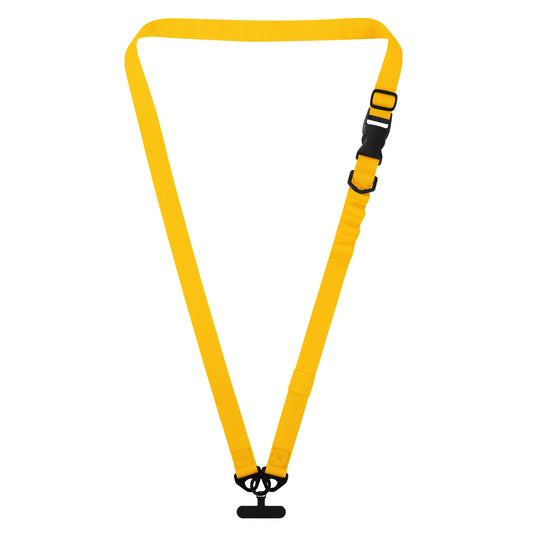 Ein gelbes arktis Smartphone-Gurtband-Lanyard mit Kunststoffclip, verstellbarer schwarzer Schnalle und 1-Klick-Verschluss ist in Dreiecksform auf weißem Hintergrund angeordnet.