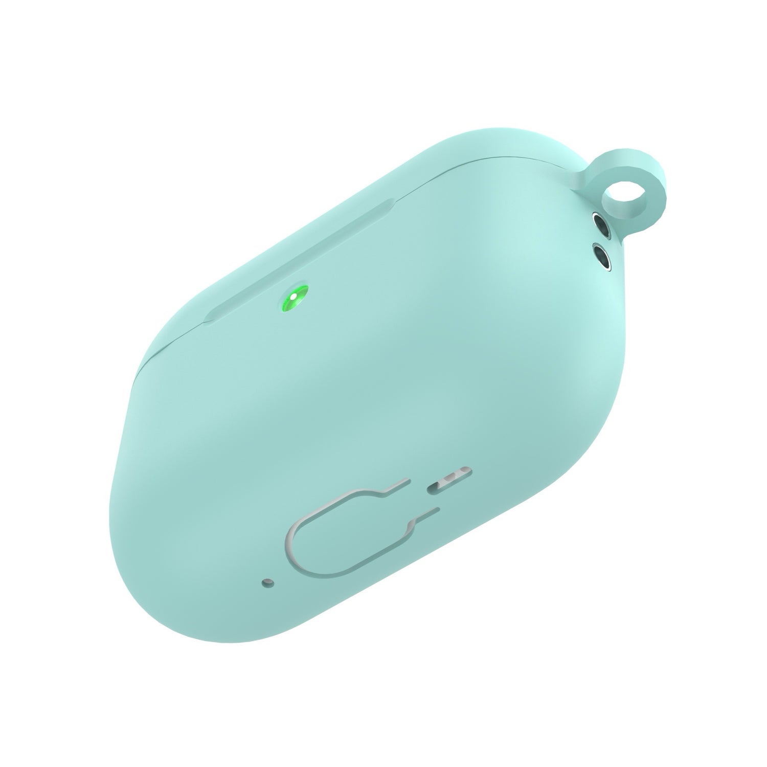 Das arktis AirPods Pro 3 Silikon Case in Hellblau von arktis bietet stoßfesten Schutz, hat eine Schlüsselanhänger-Öse und ein kleines grünes Frontlicht, unterstützt kabelloses Laden.