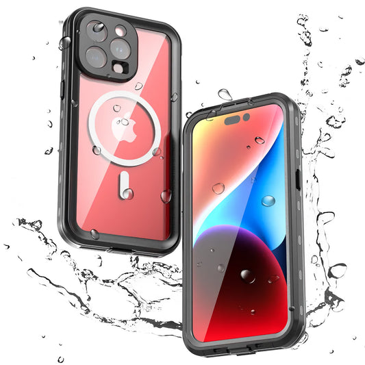 Zwei robuste ArktisPRO iPhone 15 Pro Wasserdichtes Actioncase ULTIMATE-Hüllen, abgebildet mit Wassertropfen und -spritzern, die ihren wasserdichten und stoßfesten Schutz hervorheben.