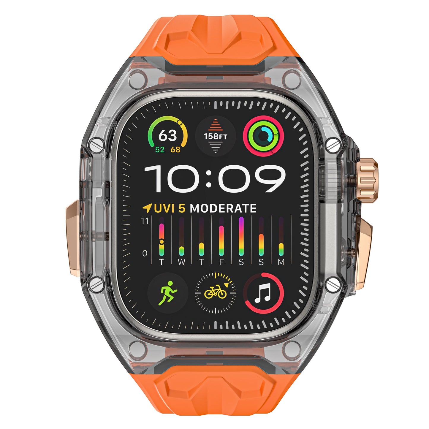 Das arktisband Apple Watch Armband "Armor Fusion" von arktisband hat ein orangefarbenes Band und zeigt die Uhrzeit, Fitness-Statistiken und bunte Aktivitätssymbole auf dem Bildschirm an.