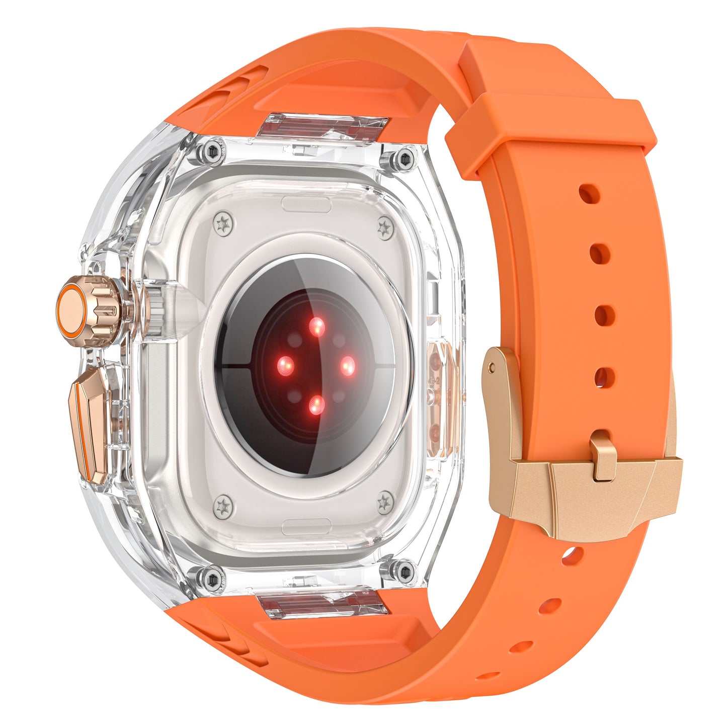Das arktisband Apple Watch Armband "Armor Fusion" hat ein orangefarbenes Band, ein durchsichtiges Gehäuse und rote Sensorleuchten auf der Rückseite zur Gesundheitsüberwachung.