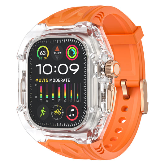 Das arktisband Apple Watch Armband "Armor Fusion" hat ein orangefarbenes Band, ein durchsichtiges Gehäuse und ein leuchtendes Fitness-Display, das die Uhrzeit 10:09 anzeigt.