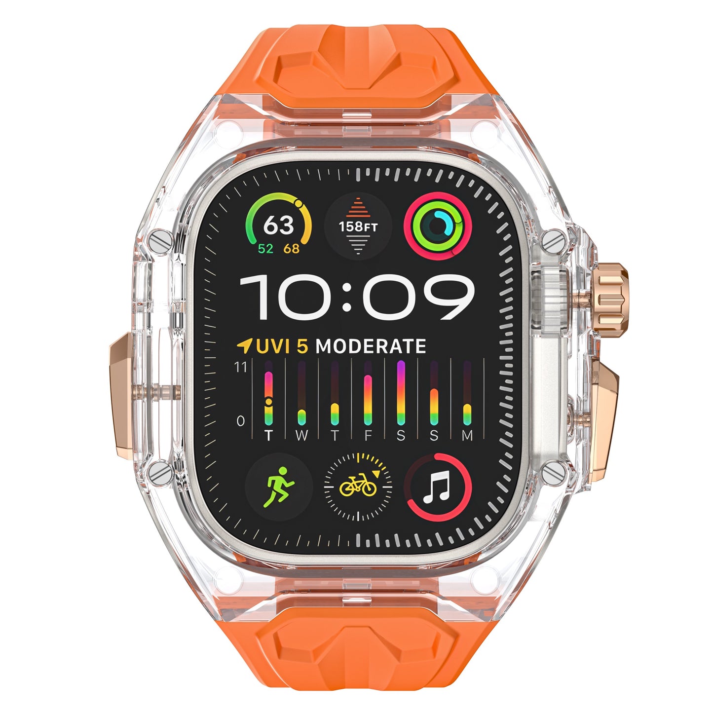 Das arktisband Apple Watch Armband "Armor Fusion" hat ein orangefarbenes Armband, ein durchsichtiges Gehäuse und zeigt farbige Fitness-, Wetter- und Musiksymbole.