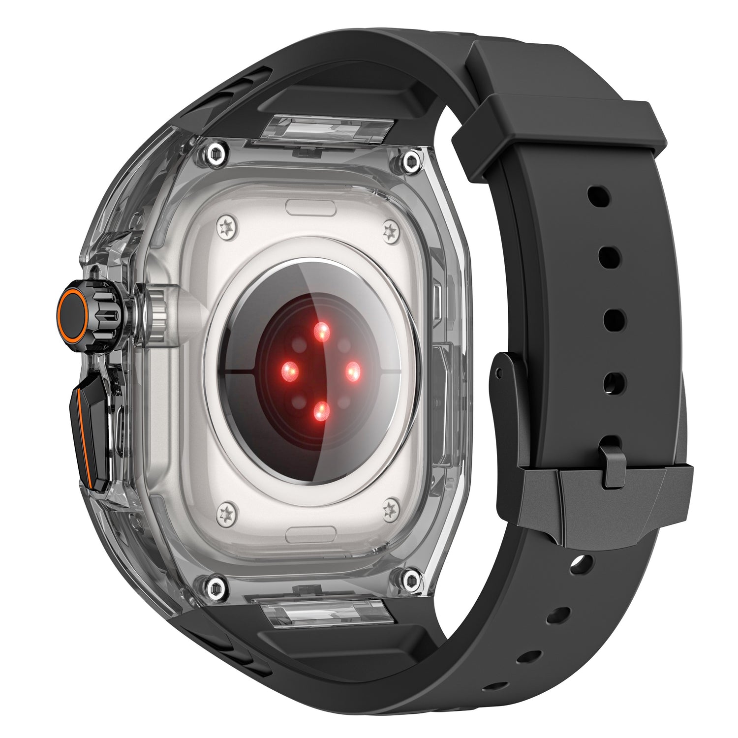 Das arktisband Apple Watch Armband "Armor Fusion" ist ein schwarz-silbernes Smartwatch-Band mit transparentem Gehäuse, Herzfrequenzsensor und schwarzem, verstellbarem Gurt von arktisband.