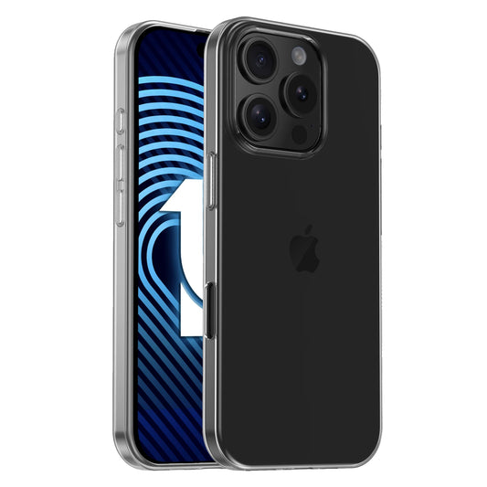 Das arktis iPhone 17 Air ZERO Case von arktis wird auf einem schwarzen ultradünnen Smartphone gezeigt, das auf der Vorderseite ein blau gemustertes Hintergrundbild und einen weißen Pfeil nach oben zeigt und auf der Rückseite drei Kameraobjektive und das Apple-Logo.