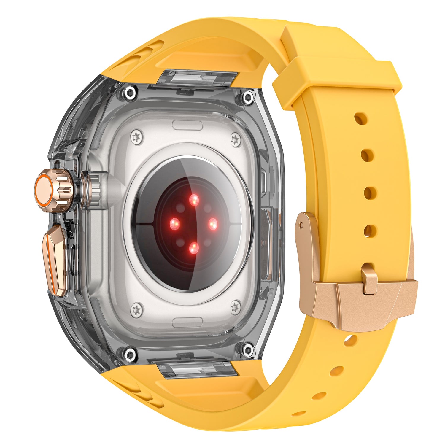 Das arktisband Apple Watch Armband "Armor Fusion" von arktisband ist ein gelbes Smartwatch-Armband mit einem transparenten Gehäuse und roten Sensoren auf der Rückseite.