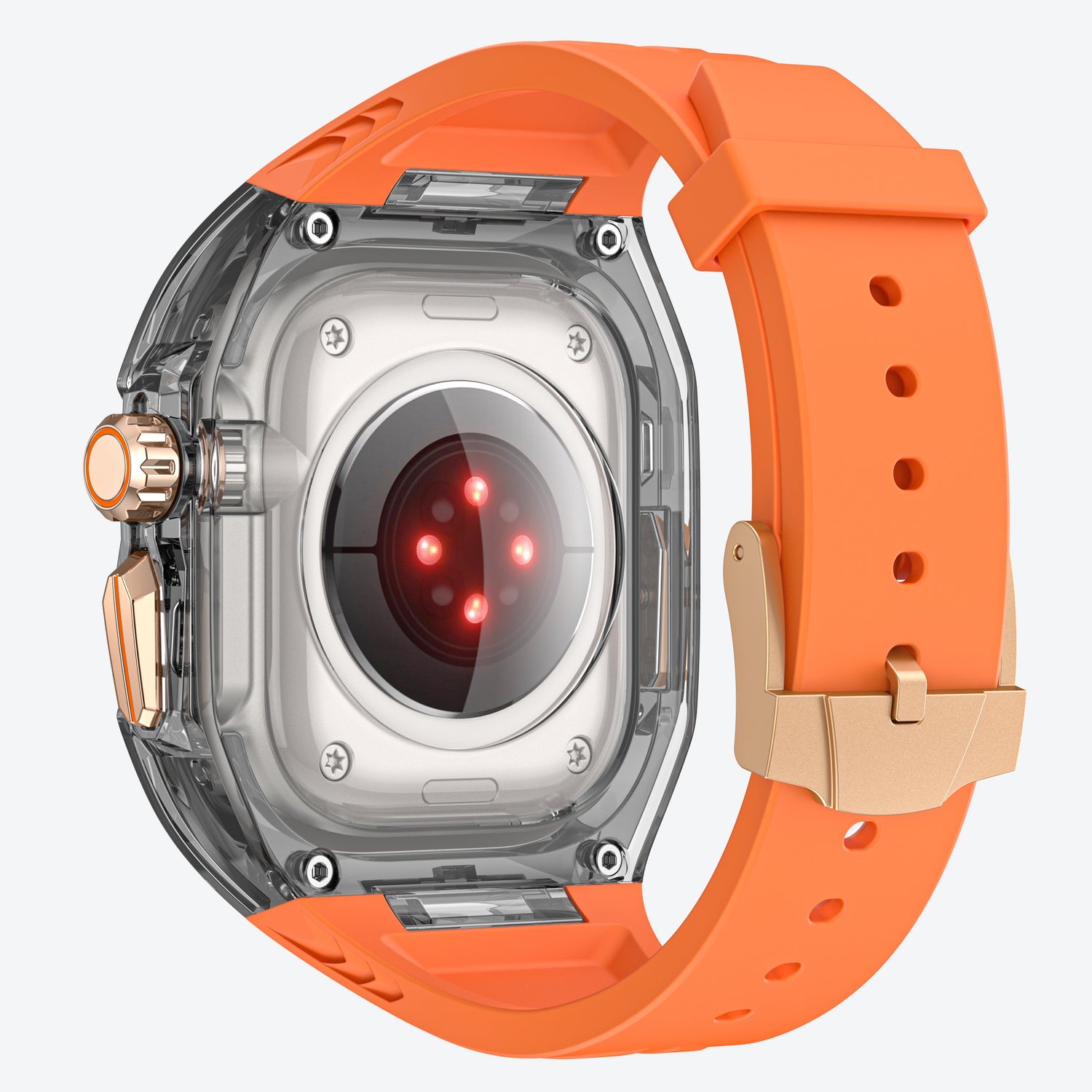 Das arktisband Apple Watch Armband "Armor Fusion" hat ein transparentes Gehäuse, ein orangefarbenes Armband, eine goldene Schnalle und rote Sensorleuchten auf der Rückseite.