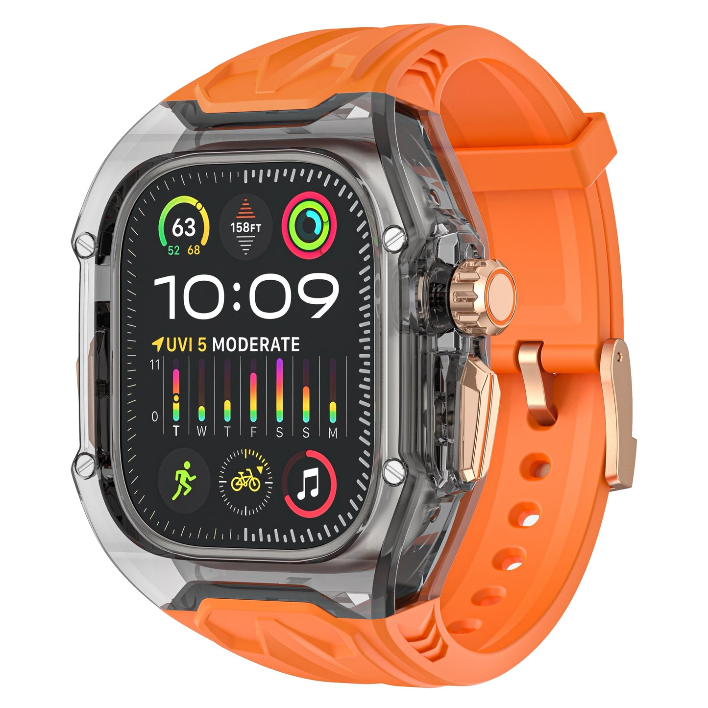 Das arktisband Apple Watch Armband "Armor Fusion" besteht aus einem orangefarbenen Silikonarmband mit Hardcase, auf dessen Bildschirm Fitness-Tracking und Aktivitätssymbole angezeigt werden.