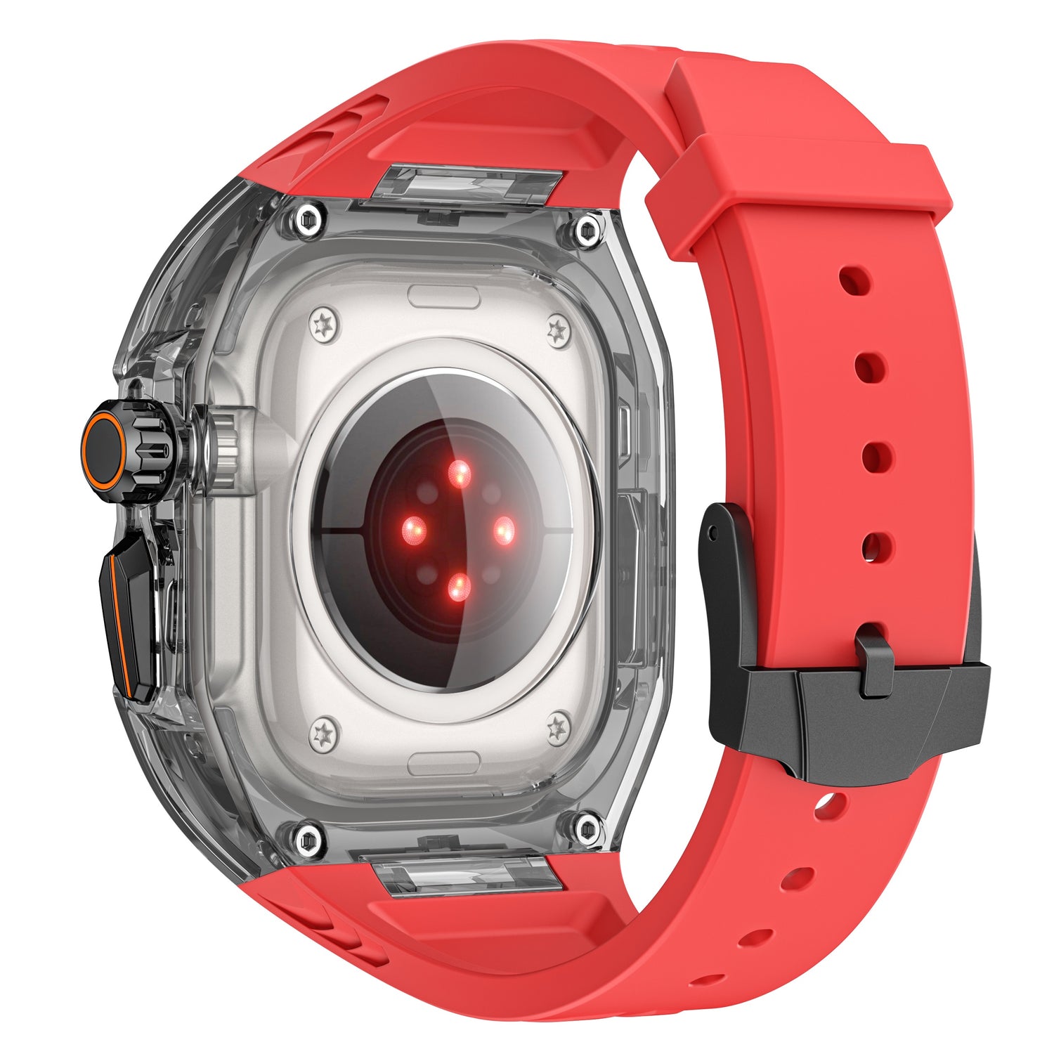 Das arktisband Apple Watch Armband "Armor Fusion" hat ein rotes Armband, ein transparentes Gehäuse und rote Sensoren auf der Unterseite.