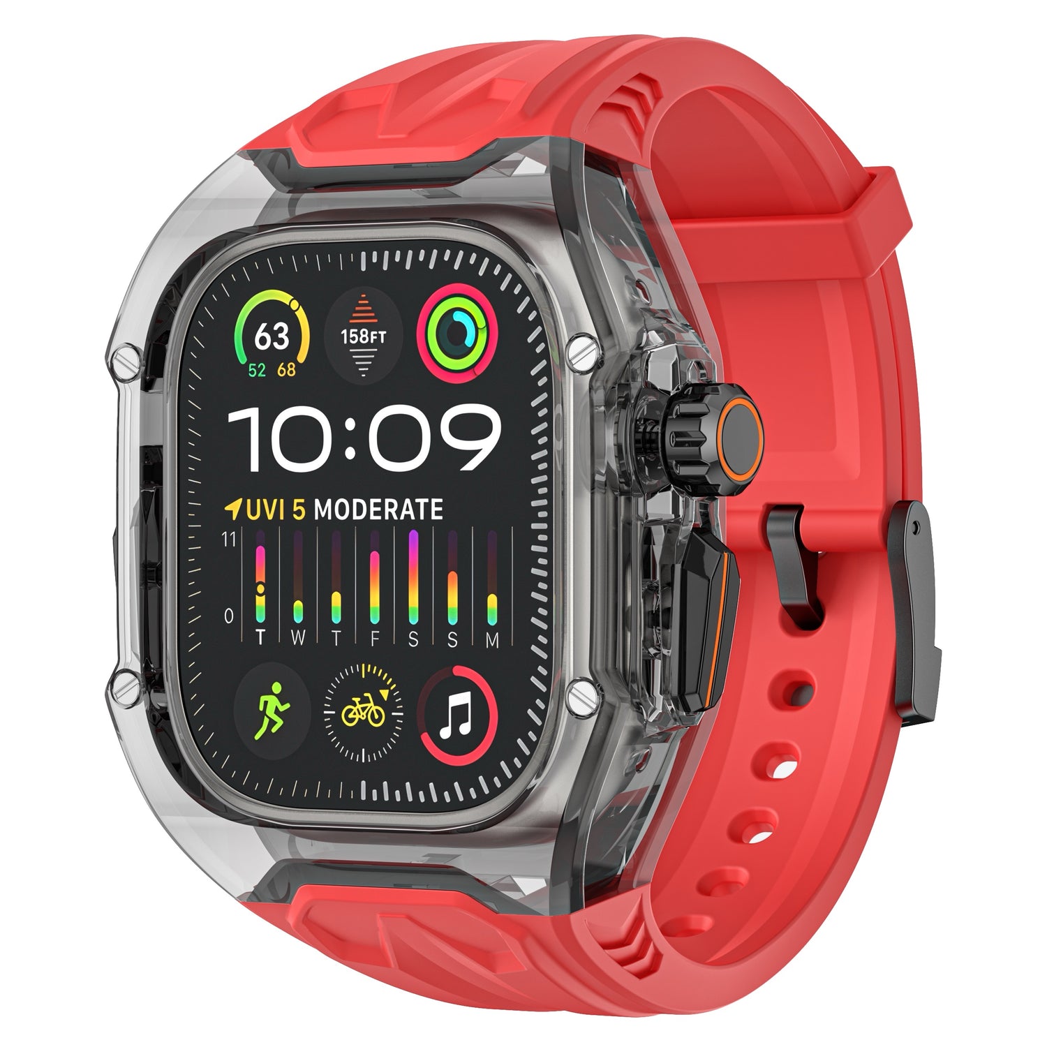 Das arktisband Apple Watch Armband "Armor Fusion" in Rot bietet stilvollen Schutz mit einem Hardcase und zeigt Uhrzeit, Wetter, UV-Index, Fitness und Musiksymbole für ultimativen Komfort an.