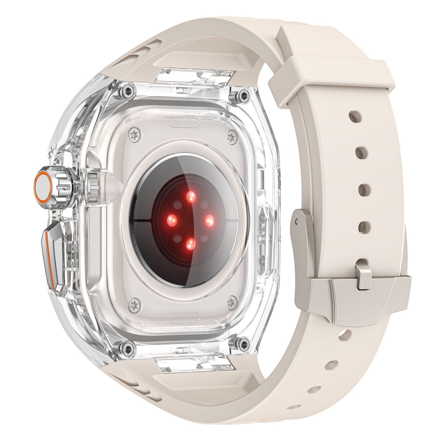 Eine Nahaufnahme des arktisband Apple Watch Armbands "Armor Fusion" von arktisband mit beigem Armband und rot leuchtenden Sensoren auf der Rückseite.