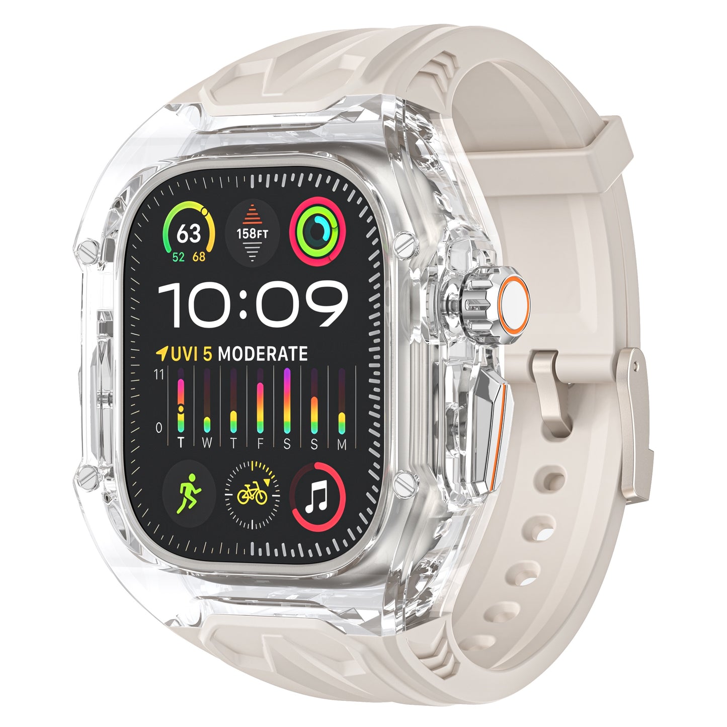 Das arktisband Apple Watch Armband "Armor Fusion" von arktisband ist ein beiges Smartwatch-Band mit Silikon und Hardcase-Design, das ein klares, stoßfestes Gehäuse und einen farbigen Bildschirm für Fitness- und Gesundheitsdaten bietet.