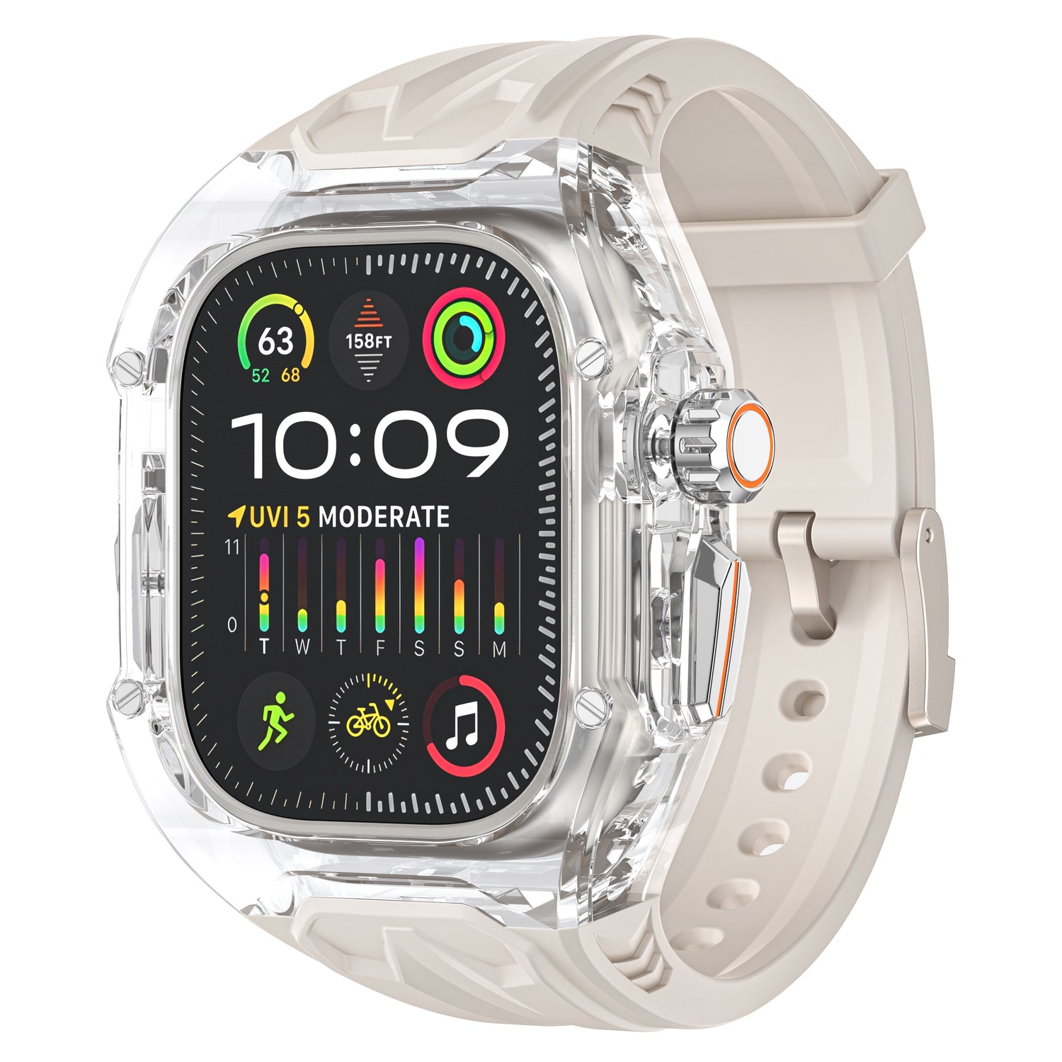 Das arktisband Apple Watch Armband "Armor Fusion" von arktisband ist ein beiges Smartwatch-Band mit Silikon und Hardcase-Design, das ein klares, stoßfestes Gehäuse und einen farbigen Bildschirm für Fitness- und Gesundheitsdaten bietet.