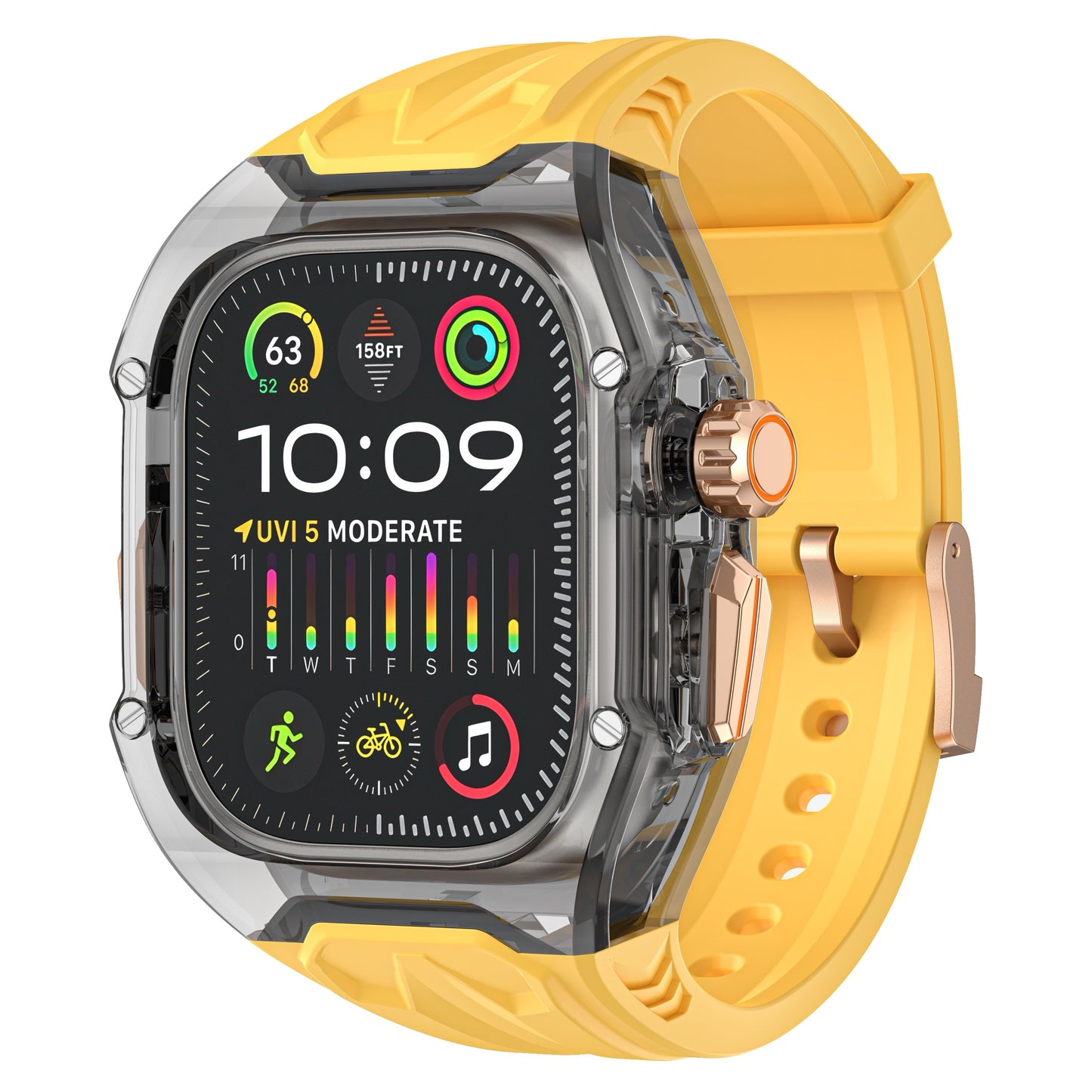 Das arktisband Apple Watch Armband "Armor Fusion" besteht aus einem gelben Silikonarmband mit Hardcase, das mit Gesundheits-, Wetter- und Fitnesssymbolen auf dem Display dargestellt wird.