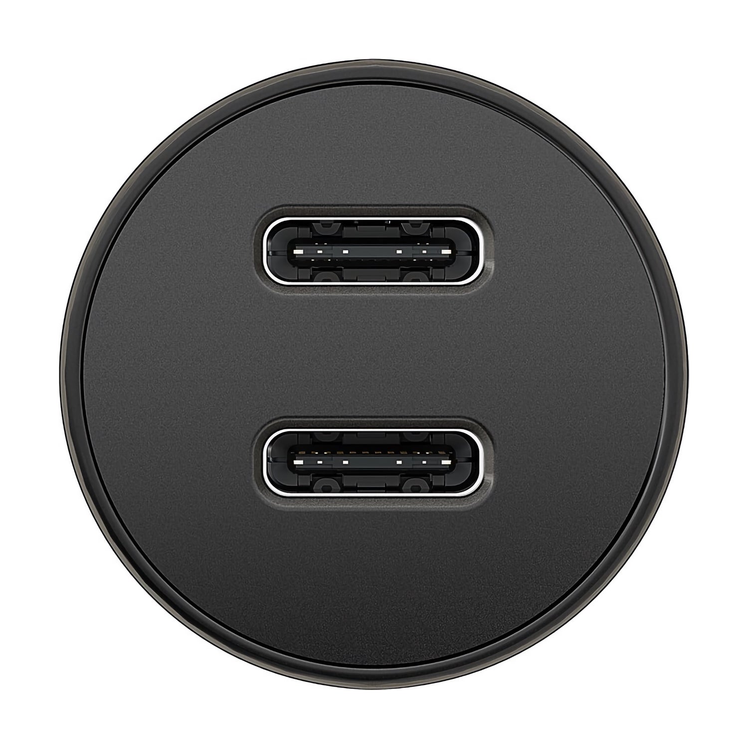 Das Goobay Dual USB-C PD Auto-Schnellladegerät 30 W ist ein kompaktes, rundes Ladegerät in Schwarz mit zwei übereinander angeordneten USB-C-Anschlüssen vor weißem Hintergrund.