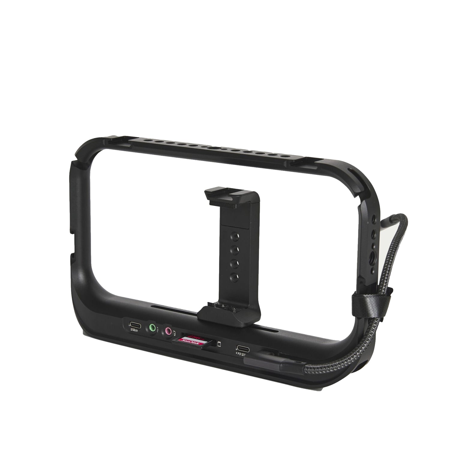 Ein schwarzer Kamerakäfig mit Handyhalterung und mehreren Anschlüssen unterstützt die einfache Montage und Stabilisierung und ist mit dem MOMENT Superflex Right-Angle USB-C auf USB-C Kabel 10 cm für eine zuverlässige Verbindung kompatibel.