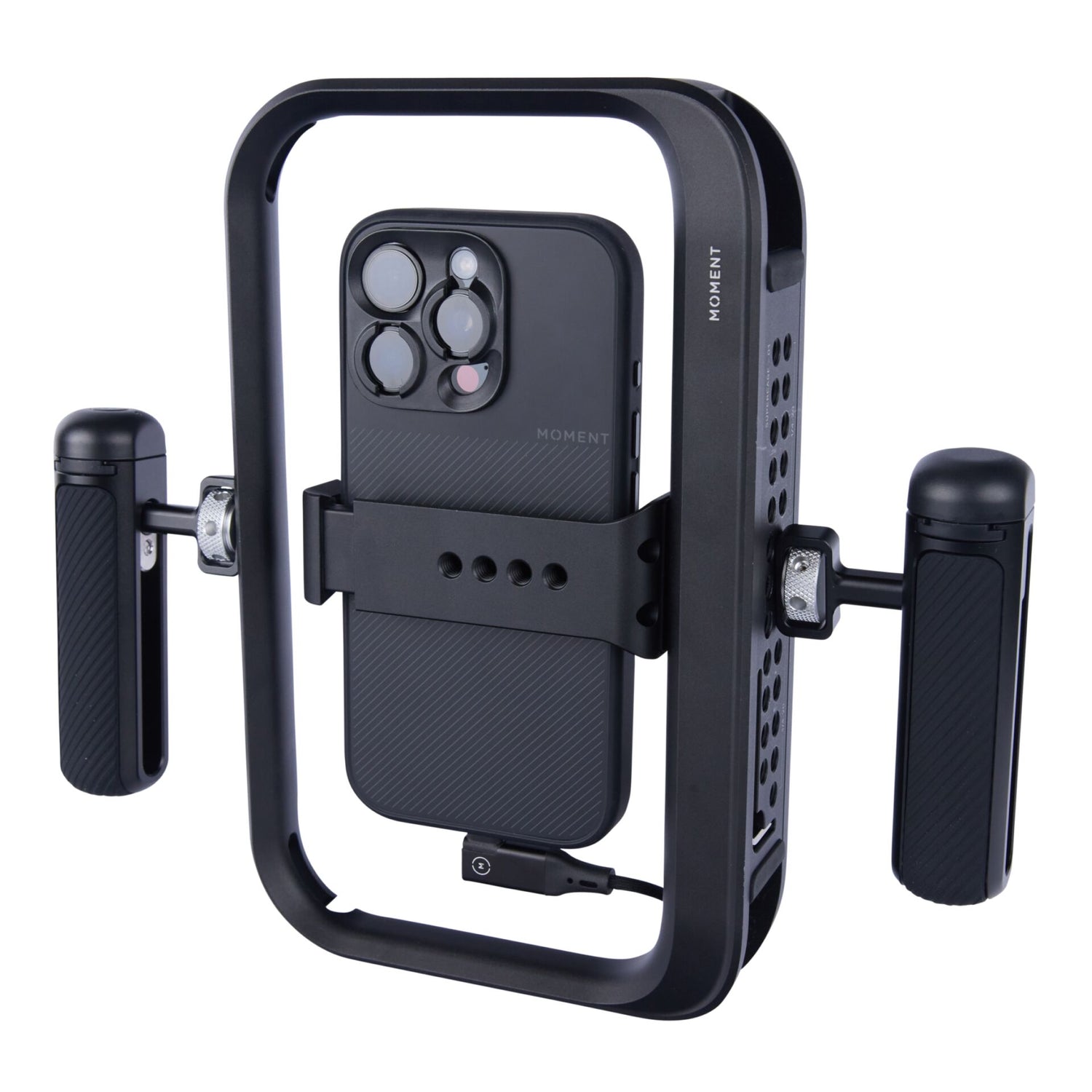 Die MOMENT Moment Supercage mit USB-C Hub ist ein rechteckiges Handheld-Rig mit seitlichen Griffen und LED-Leuchten - ideal für iPhone-Filmemacher, die Aufnahmen in Profiqualität machen wollen.