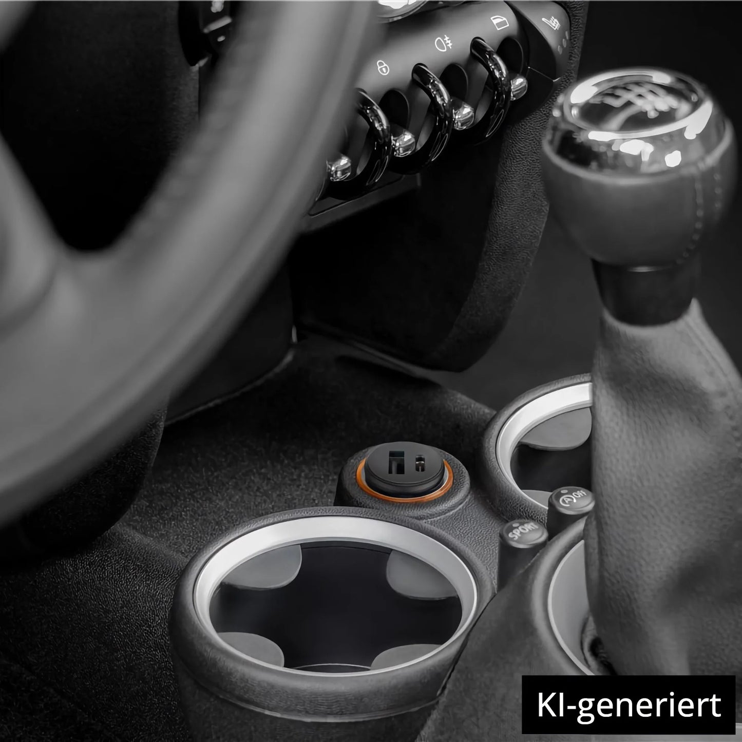 Nahaufnahme des Fahrzeuginnenraums mit Getränkehaltern, Schalthebel und einem Goobay Dual USB Auto-Schnellladegerät USB-C PD 45 W, das an die Steckdose zwischen den Sitzen angeschlossen ist. KI-generiert.