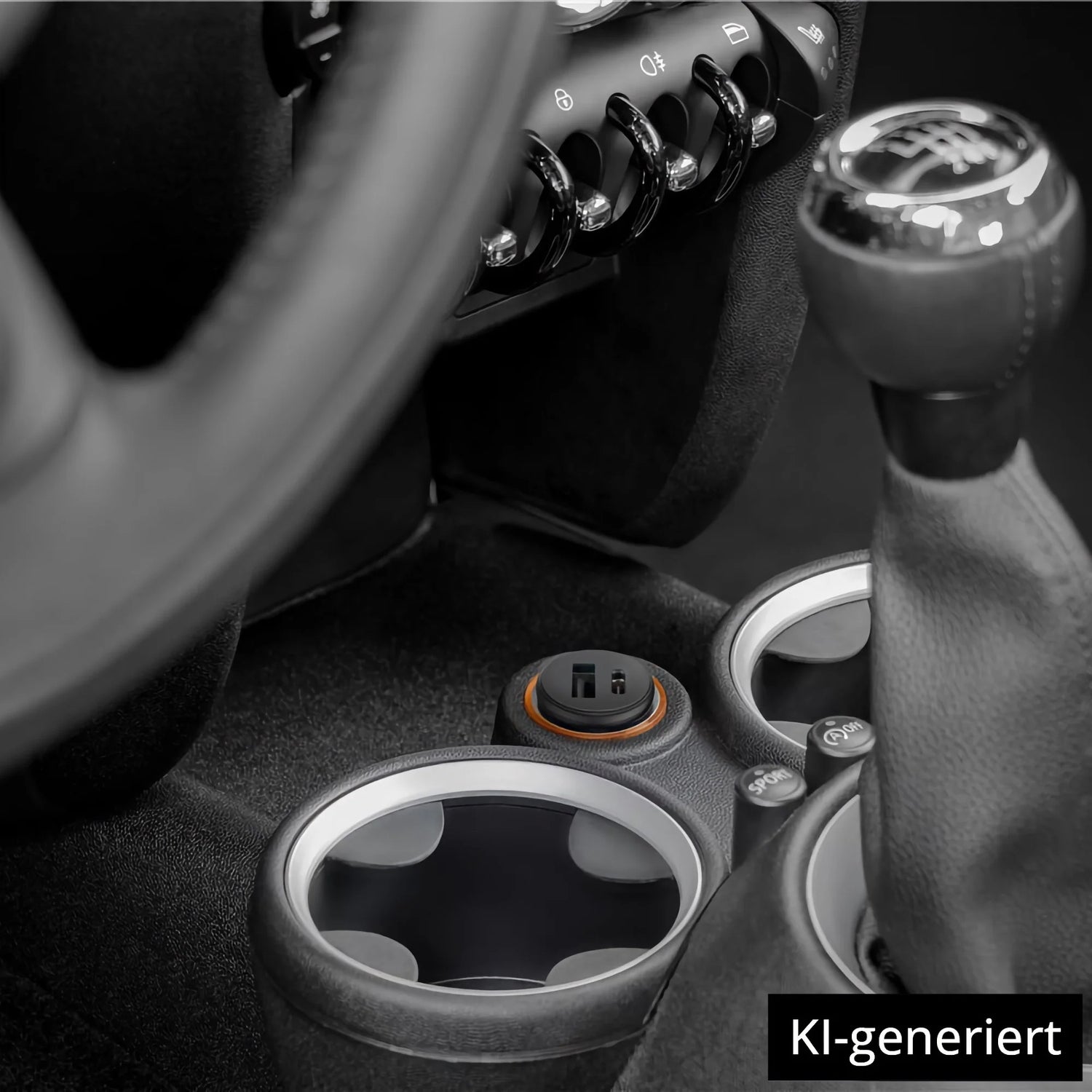 Nahaufnahme des Fahrzeuginnenraums mit Getränkehaltern, Schalthebel und einem Goobay Dual USB Auto-Schnellladegerät USB-C PD 45 W, das an die Steckdose zwischen den Sitzen angeschlossen ist. KI-generiert.