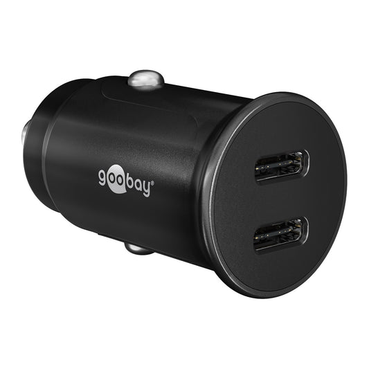 Das Goobay Dual USB-C PD Auto-Schnellladegerät 30 W ist ein kompaktes schwarzes Autoladegerät mit zwei USB-C-Anschlüssen und dem Goobay-Logo, das effizientes und schnelles Laden unterwegs gewährleistet.