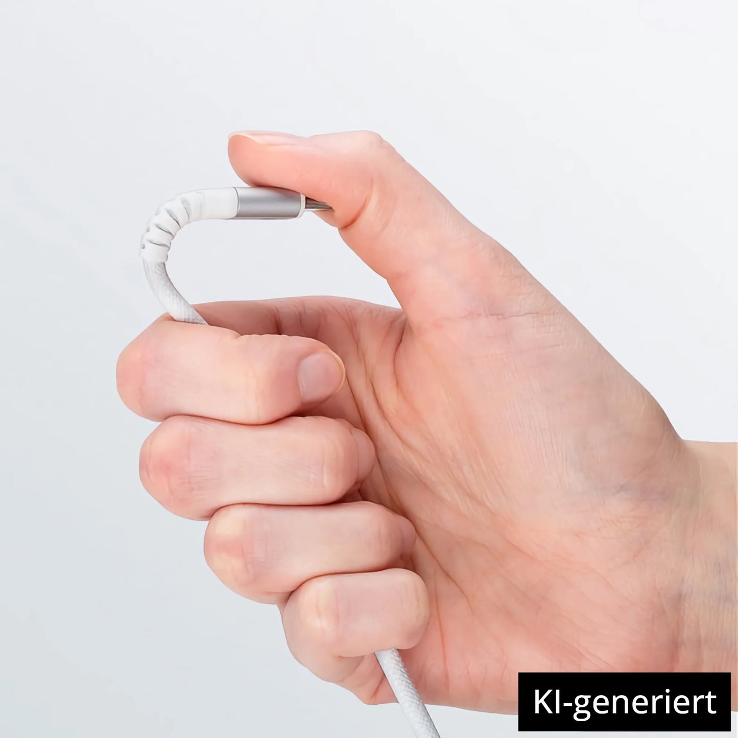 Eine Hand hält ein Goobay USB-C auf USB-A Textilkabel mit Metallsteckern mit einem gebogenen Stecker vor einem schlichten weißen Hintergrund. KI-generiert.