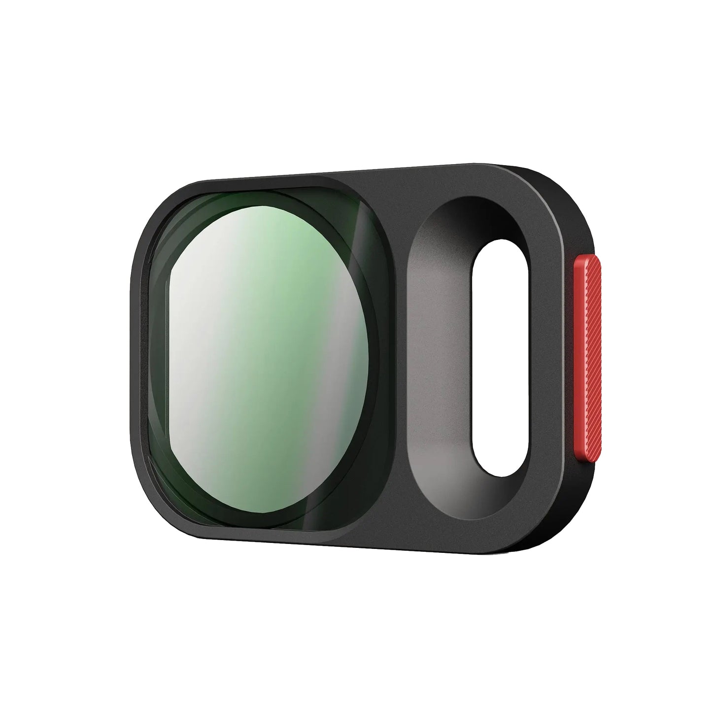 Der MOMENT Variable ND QuickLock Filter (2-7 Stop) für iPhone 17 Pro hat ein schwarz-rotes Design mit rundem, grün getöntem Glas und einem offenen Schlitz, ideal als ND-Filteraufsatz für Ihre Moment Kameratasche oder Ihr iPhone.