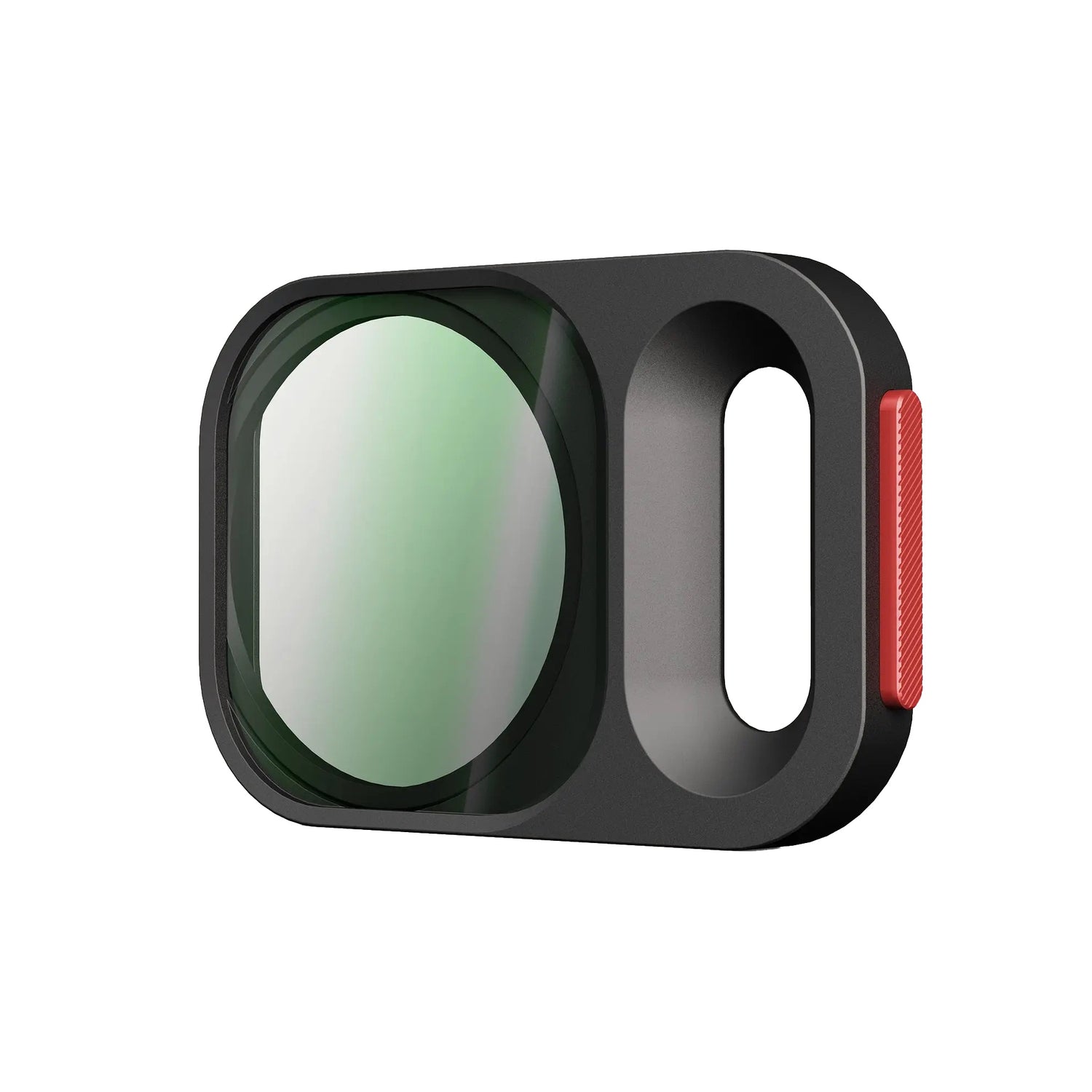 Der MOMENT Variable ND QuickLock Filter (2-7 Stop) für iPhone 17 Pro hat ein schwarz-rotes Design mit rundem, grün getöntem Glas und einem offenen Schlitz, ideal als ND-Filteraufsatz für Ihre Moment Kameratasche oder Ihr iPhone.