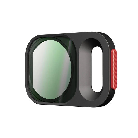 Der MOMENT Variable ND QuickLock Filter (2-7 Stop) für iPhone 17 Pro hat ein schwarz-rotes Design mit rundem, grün getöntem Glas und einem offenen Schlitz, ideal als ND-Filteraufsatz für Ihre Moment Kameratasche oder Ihr iPhone.