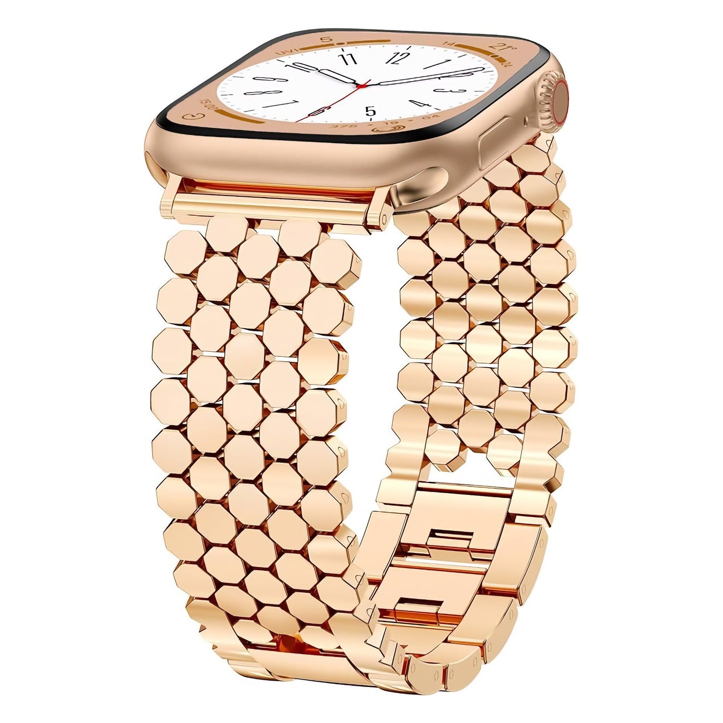 Das arktisband Apple Watch Edelstahl Armband "Polaris" ist ein goldenes Smartwatch-Armband mit weißem Zifferblatt und glänzenden, sechseckigen Gliedern - ein elegantes, stilvolles Apple Watch Accessoire von arktisband.