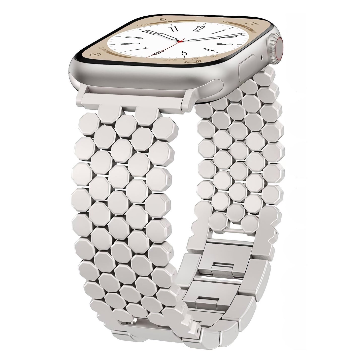 Eine silberne Smartwatch mit weißem Zifferblatt und das arktisband Apple Watch Edelstahl Armband "Polaris" von arktisband mit einem stylischen sechseckigen Gliedermetallband.