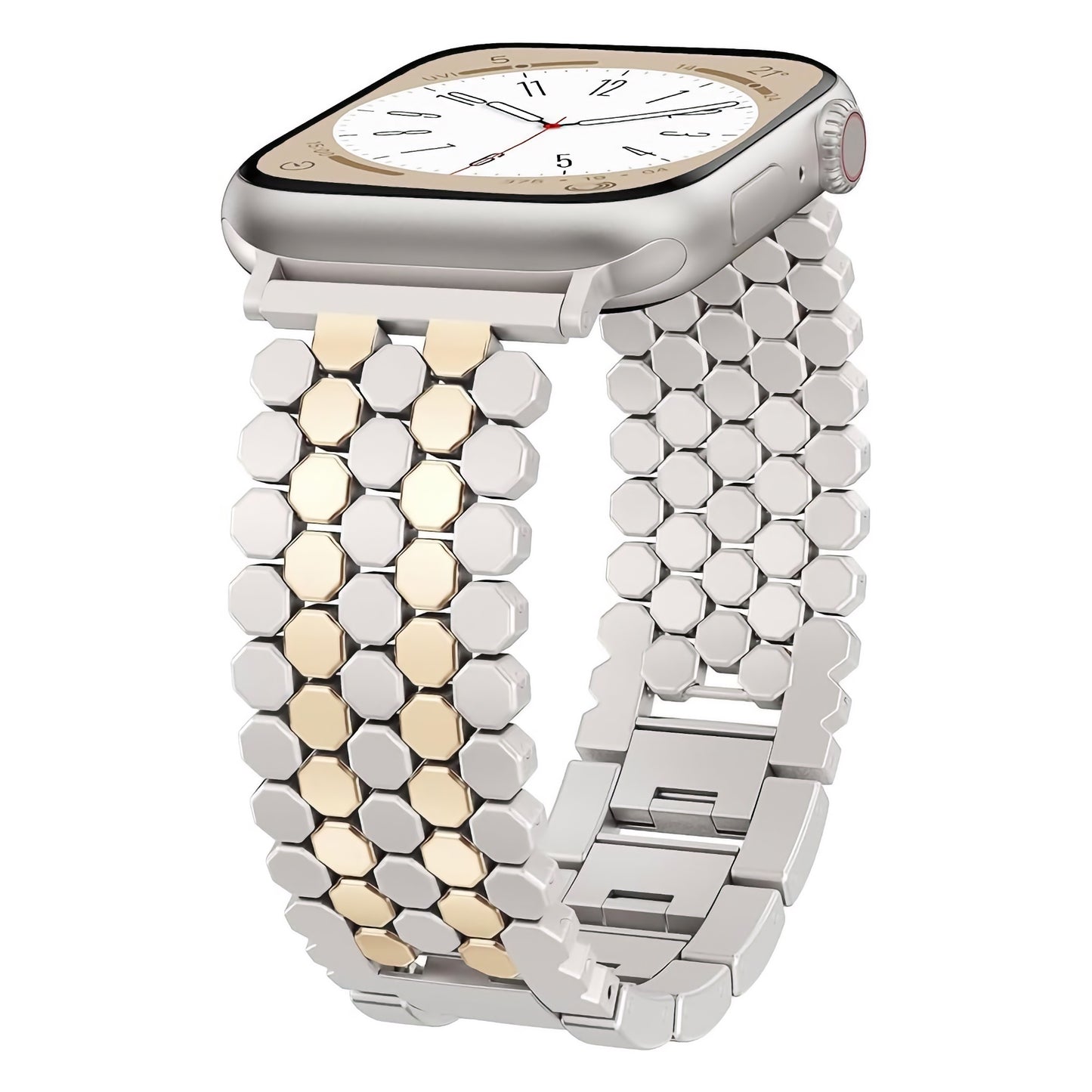 Das arktisband Apple Watch Edelstahl Armband "Polaris" hat ein silbernes und goldenes Gliederdesign im Wabenstil, das sich elegant an Ihr Gerät anpasst und ihm einen edlen Touch verleiht. Kompatibel mit allen Apple Watch Modellen.