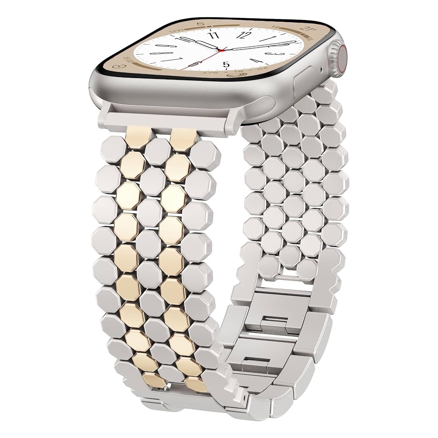 Das arktisband Apple Watch Edelstahl Armband "Polaris" hat ein silbernes und goldenes Gliederdesign im Wabenstil, das sich elegant an Ihr Gerät anpasst und ihm einen edlen Touch verleiht. Kompatibel mit allen Apple Watch Modellen.