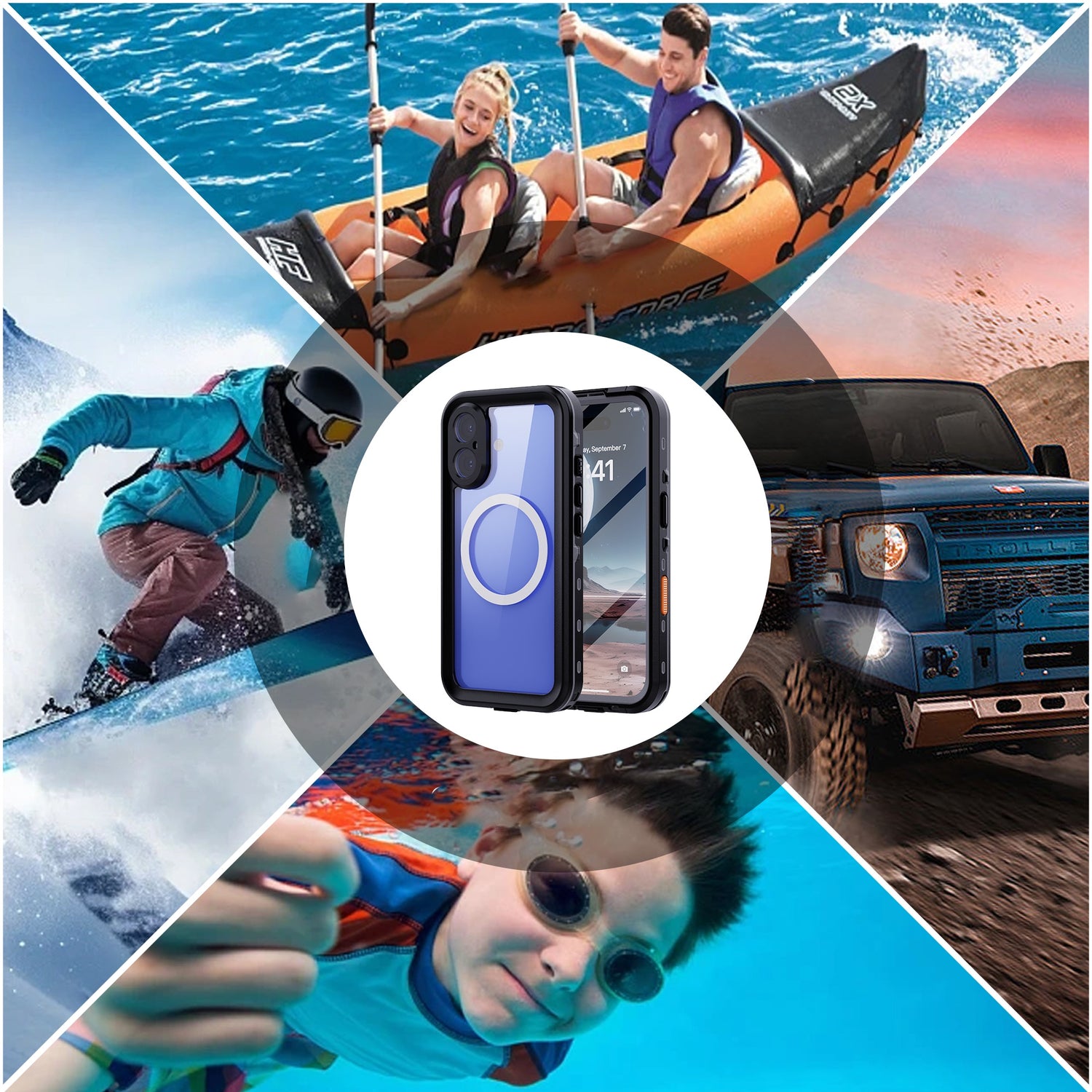 Collage mit dem arktis iPhone 16 Wasserdichtes Actioncase im Mittelpunkt, umgeben von Kajak, Snowboard, Schwimmen und Offroad – stoßfest und wasserdicht für jedes Abenteuer.