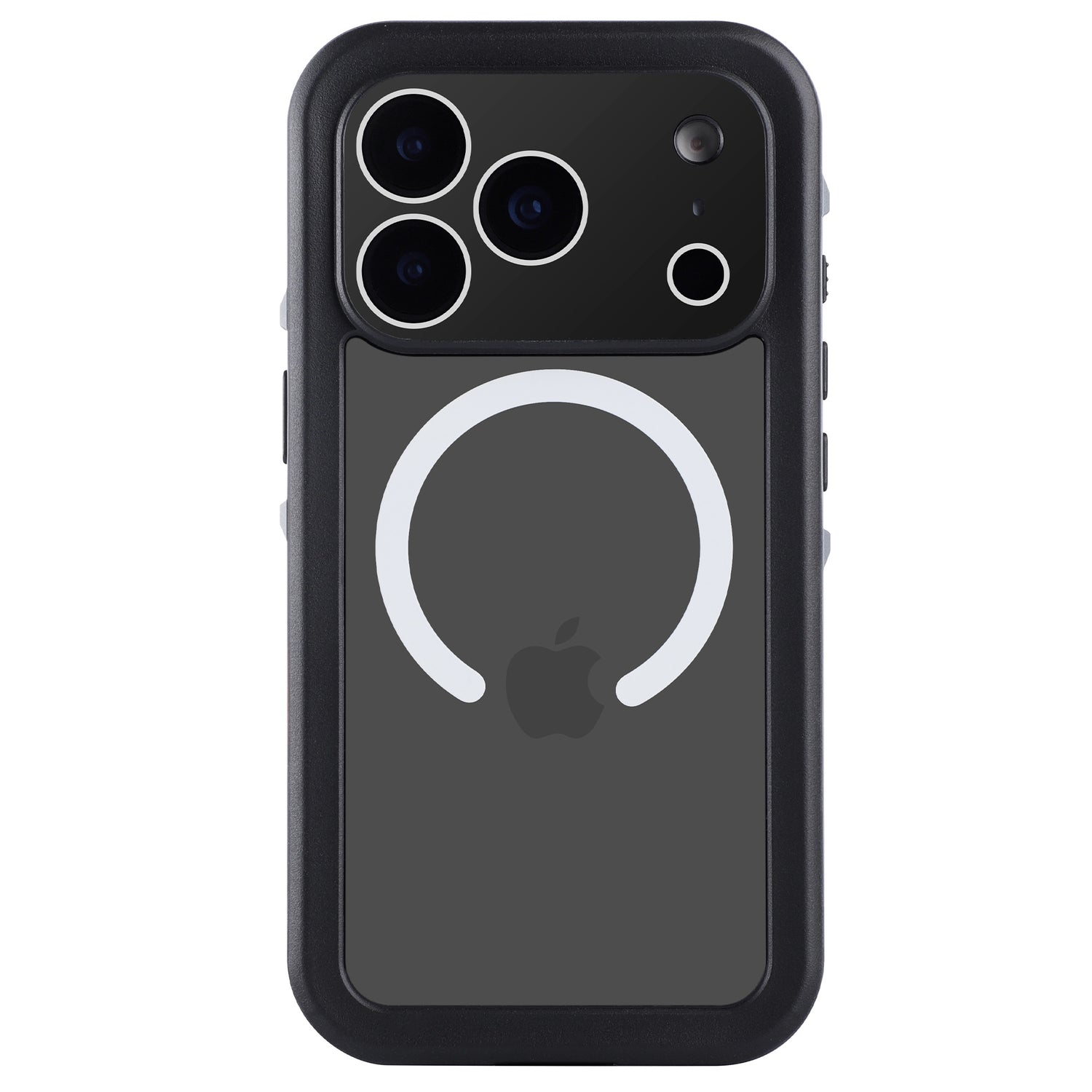 Ein schwarzes iPhone 17 Pro in einem arktis iPhone 17 Pro Wasserdichtes Actioncase von arktis, mit MagSafe Kompatibilität, IP68 Schutz, Apple Logo und sichtbaren Kameralinsen auf der Rückseite.