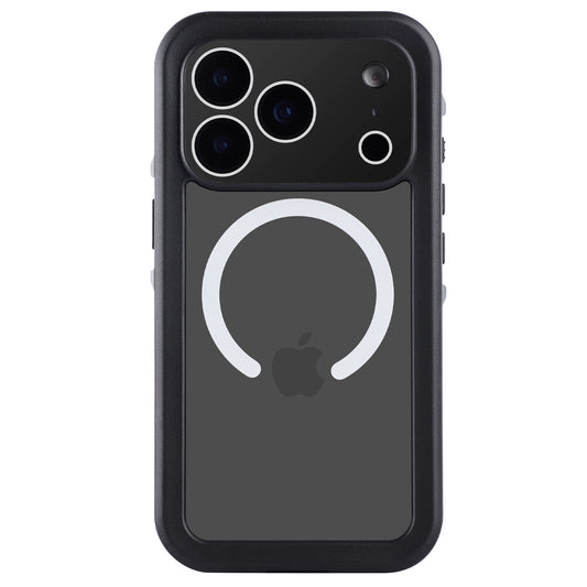 Ein schwarzes iPhone 17 Pro in einem arktis iPhone 17 Pro Wasserdichtes Actioncase von arktis, mit MagSafe Kompatibilität, IP68 Schutz, Apple Logo und sichtbaren Kameralinsen auf der Rückseite.
