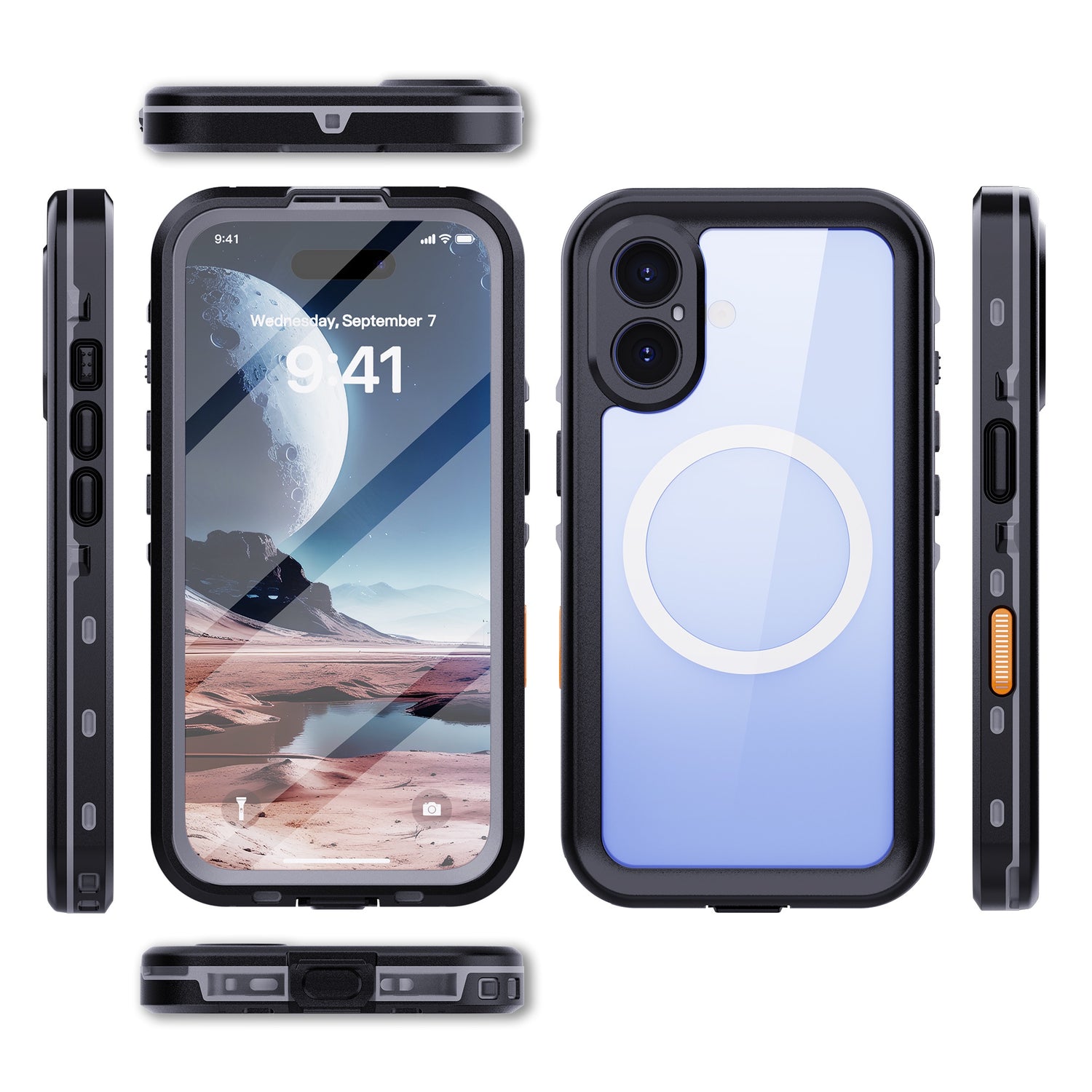 Das arktis iPhone 16 Wasserdichtes Actioncase der Marke arktis schützt Ihr iPhone rundum: staubdicht, wasserdicht und stoßfest. Mehrere Ansichten zeigen das robuste Design von vorne, hinten und an den Seiten.