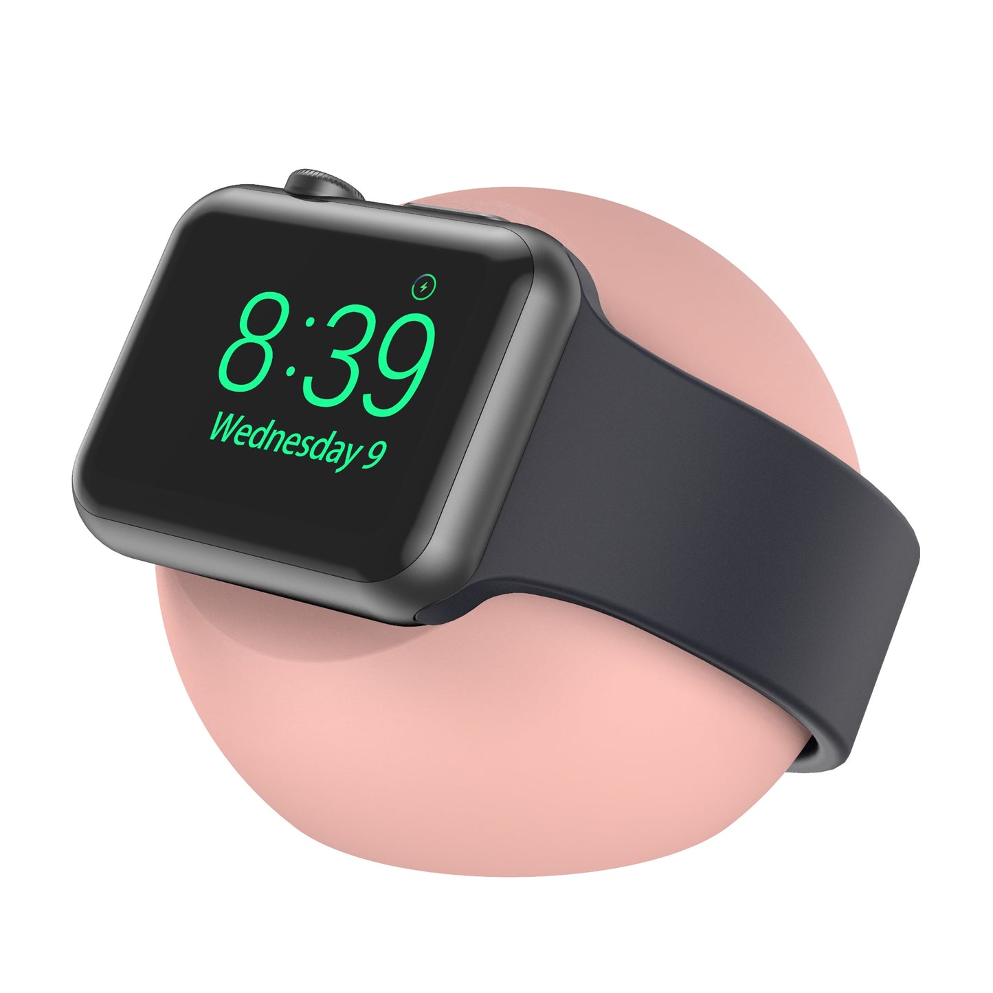 Ein schwarzer arktis Apple Watch Orbit Stand zeigt eine Smartwatch mit grüner Digitalanzeige auf einer rosafarbenen Kugel vor einem weißen Hintergrund.