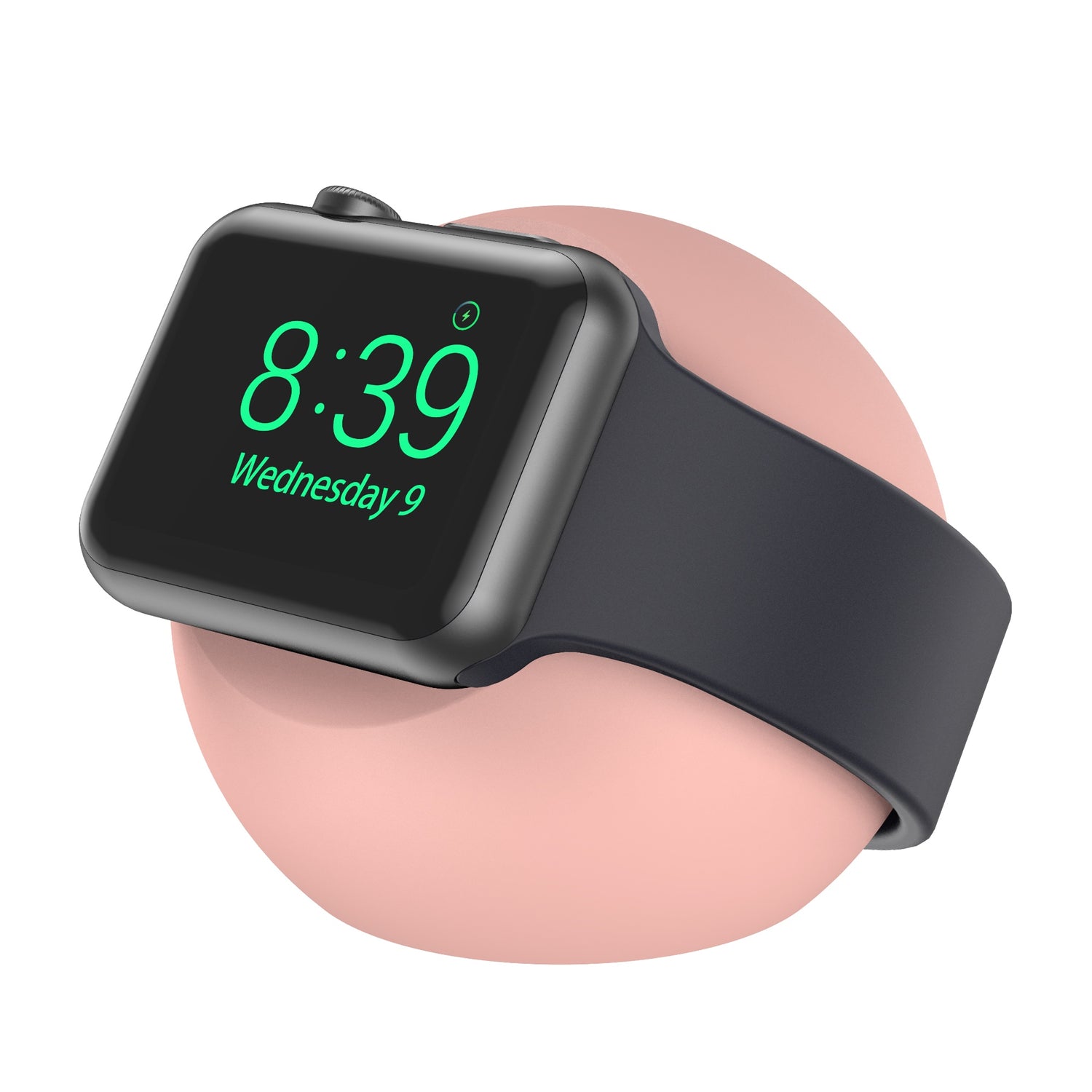 Ein schwarzer arktis Apple Watch Orbit Stand zeigt eine Smartwatch mit grüner Digitalanzeige auf einer rosafarbenen Kugel vor einem weißen Hintergrund.