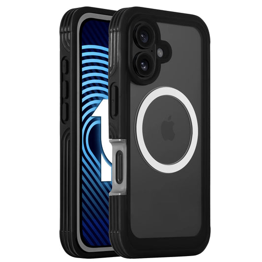Das arktis iPhone 16 Defender Case von arktis verfügt über ein schwarzes Design mit MagSafe-Ring, 360-Grad-Schutz und Displaymembran, dargestellt auf einem Telefon mit blau-weißem Bildschirm.