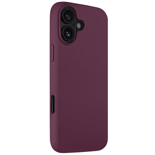 Die arktis iPhone Air Silikonhülle in kastanienbraun, hier von hinten auf weißem Hintergrund, verfügt über Kameraausschnitte und unterstützt kabelloses Laden.