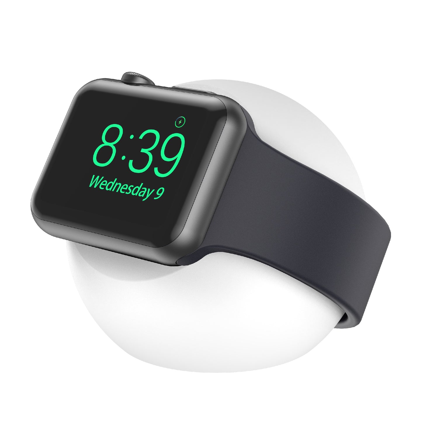 Eine Smartwatch mit schwarzem Armband, die 8:39 Uhr anzeigt, ruht auf dem arktis Apple Watch Orbit Stand von arktis zum kabellosen Aufladen.