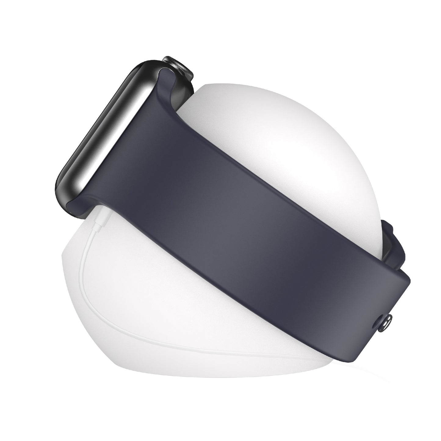 Eine arktis Apple Watch mit dunklem Band sitzt elegant auf dem arktis Apple Watch Orbit Stand, einer eleganten Halterung, die gleichzeitig als Ladestation aus Silikon dient und mühelos Stil und Komfort bietet.