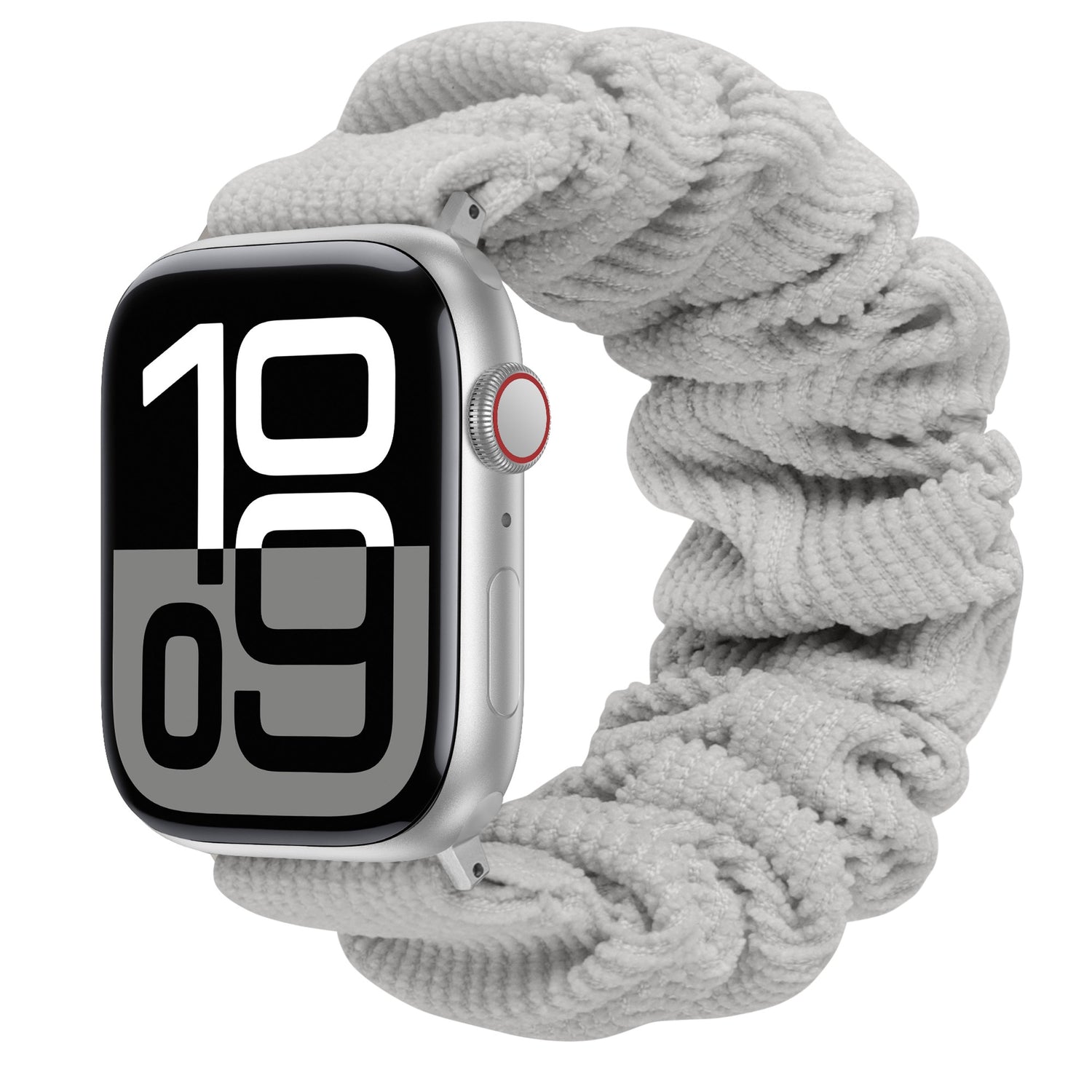 Das arktisband Apple Watch Cord Scrunchie Armband "Elanora" verfügt über ein silbernes Gehäuse und ein hellgraues, elastisches Scrunchie-Band für einen bequemen, stilvollen Sitz.